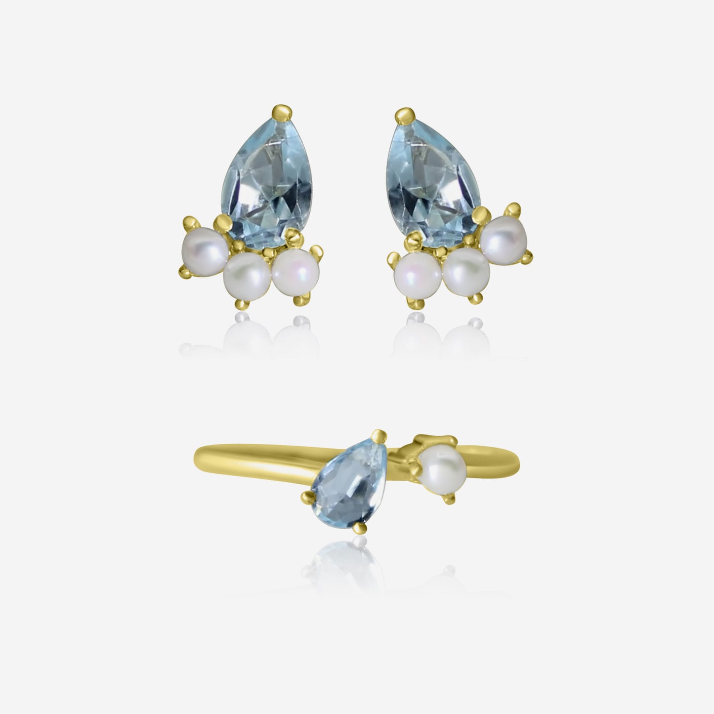 Aquamarine and Akoya pearl earrings and ring set in 14K yellow gold – Made by Petit Jewelry