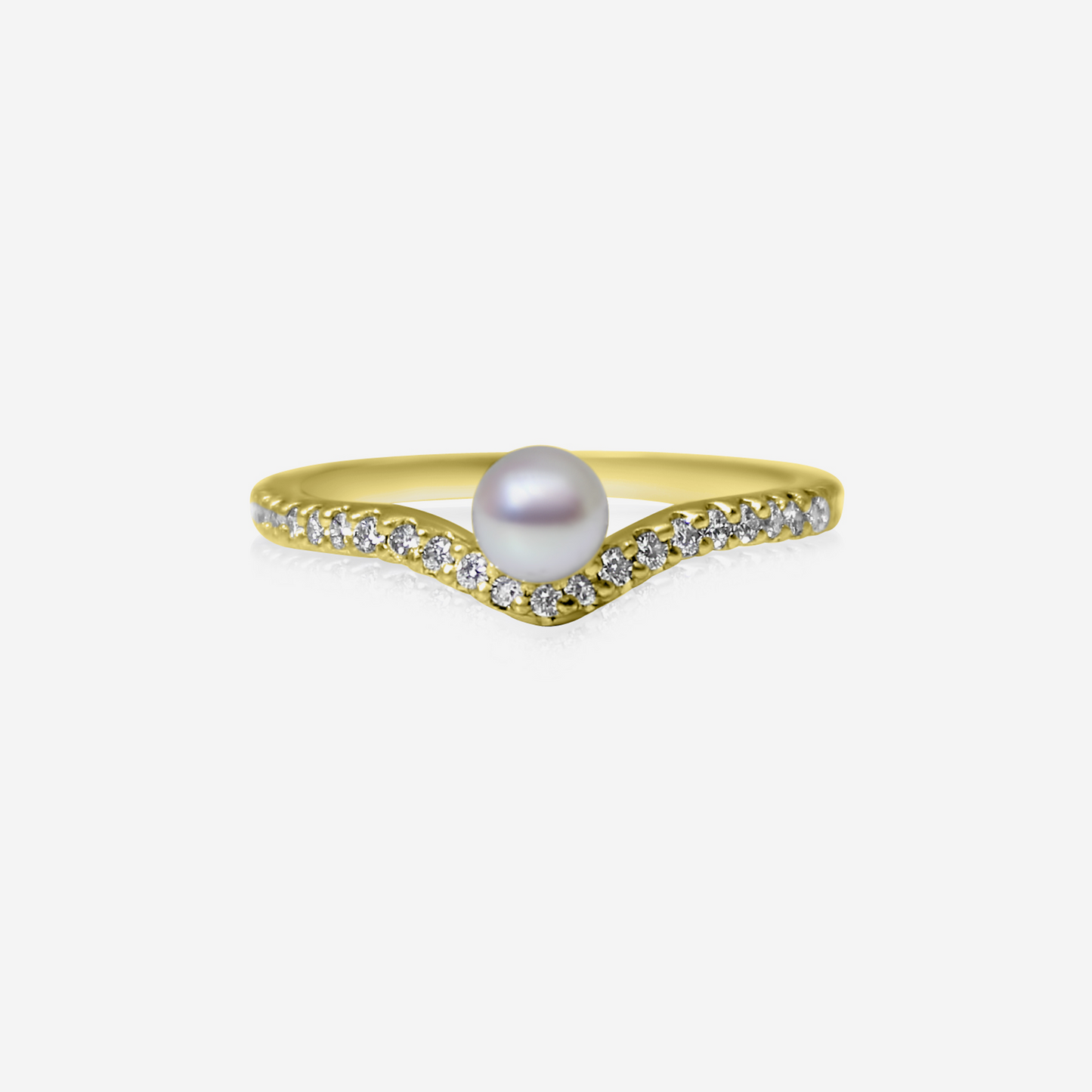 A gold ring with a curved band featuring a central Akoya pearl surrounded by small round brilliant cut white diamonds