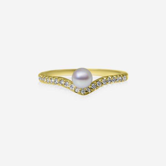A gold ring with a curved band featuring a central Akoya pearl surrounded by small round brilliant cut white diamonds