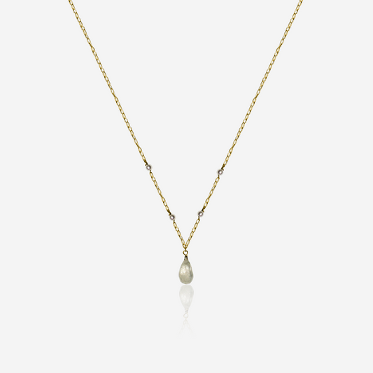 A gold-colored necklace featuring a series of Akoya pearls accompanied by a large Moonstone pendant.