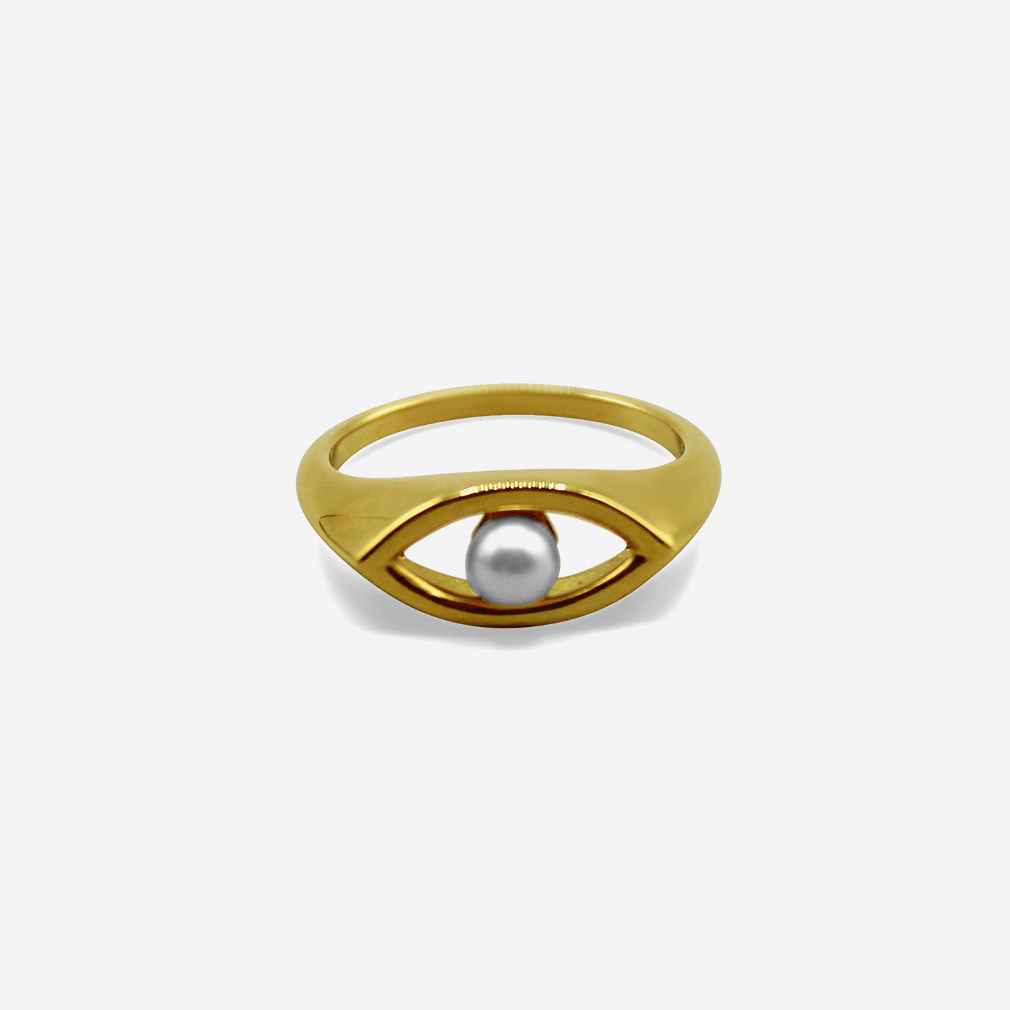 An 18-karat gold ring featuring a white Akoya pearl set in the shape of an eye.