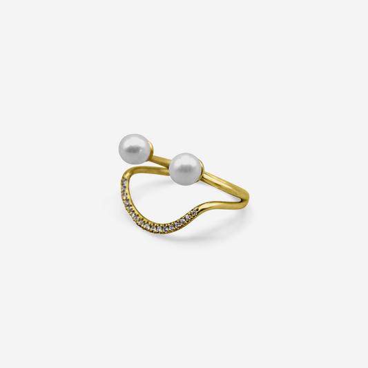 A 14 karat gold ring with a central Akoya pearl and white diamonds arranged in a semi-circular design, symbolizing a smile.