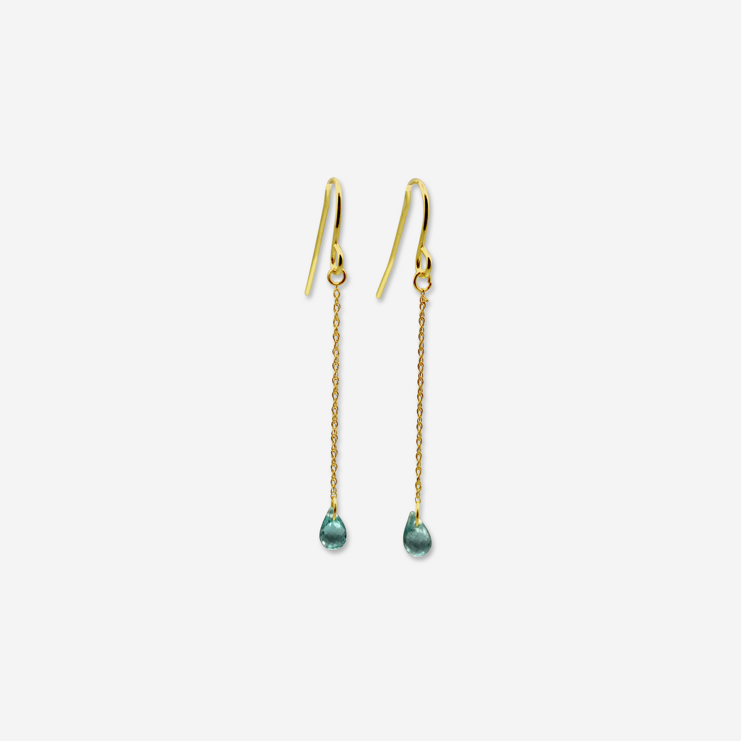 A pair of green apatite drop earrings suspended from 14-karat yellow gold chains, displayed against a white background.