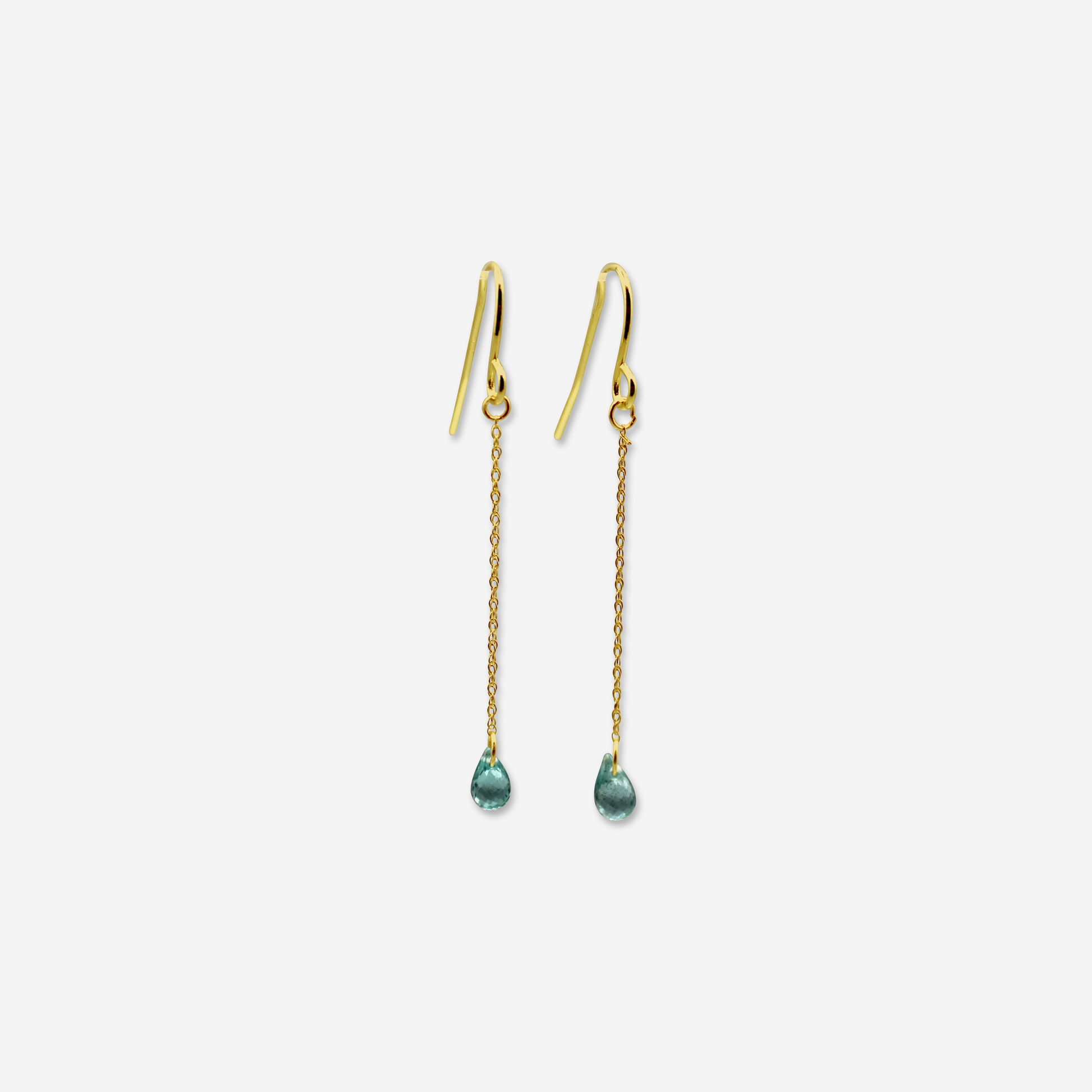 A pair of green apatite drop earrings suspended from 14-karat yellow gold chains, displayed against a white background.