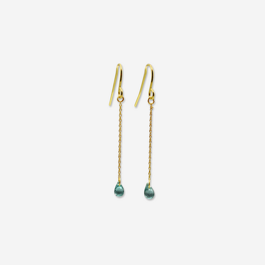 A pair of green apatite drop earrings suspended from 14-karat yellow gold chains, displayed against a white background.