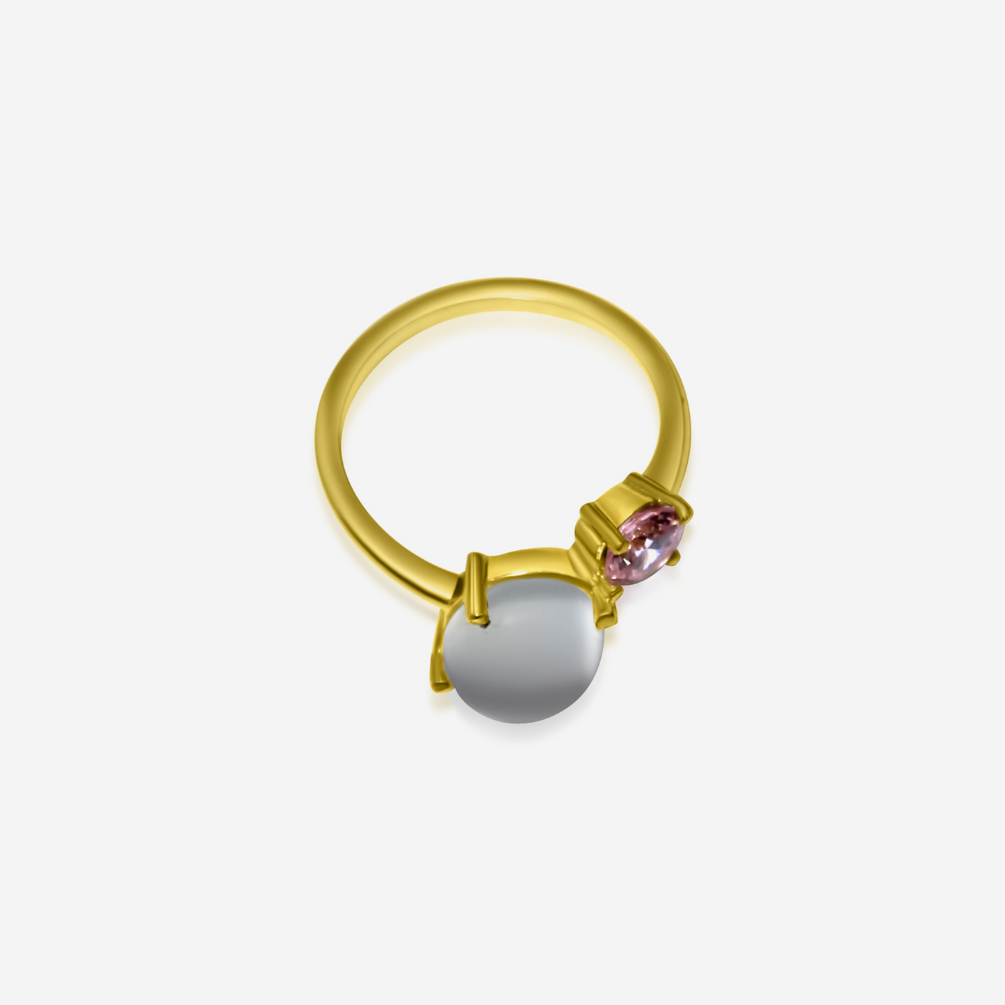 A gold-colored ring featuring an oval-shaped moonstone and a round pink tourmaline stone.