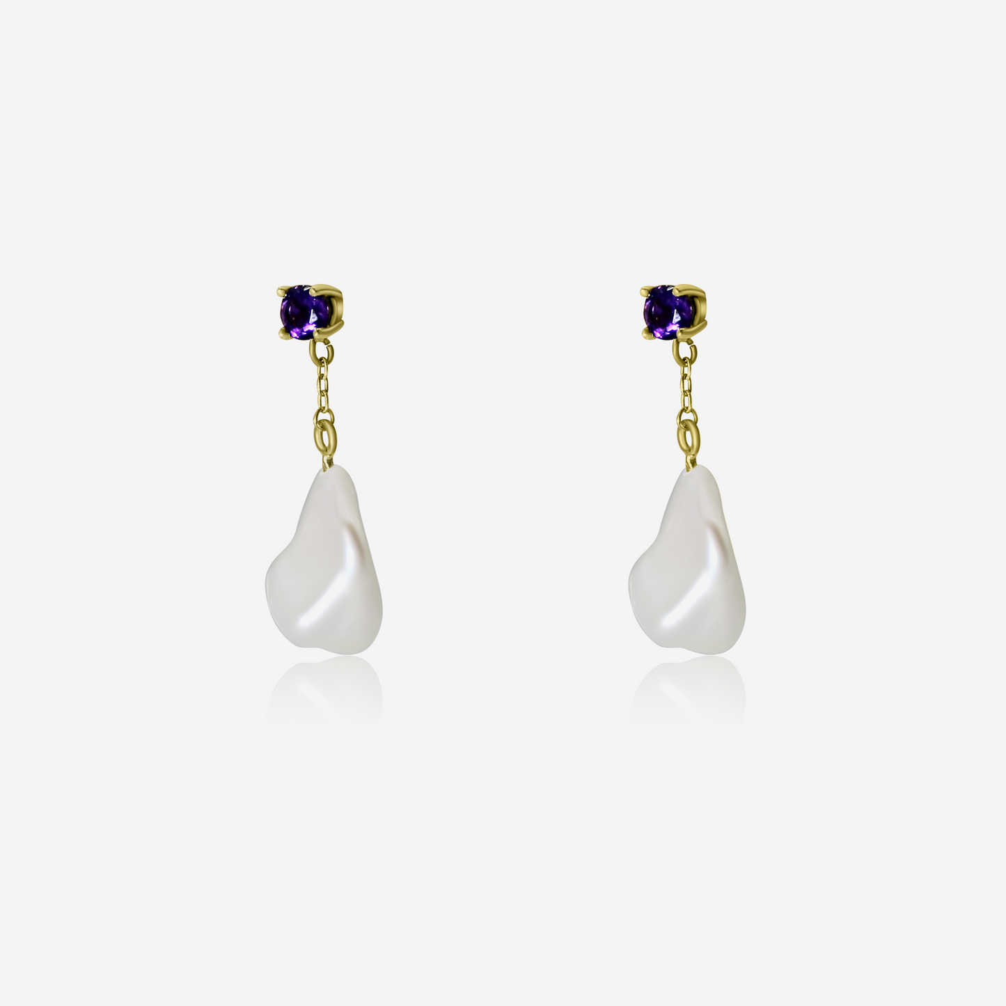 A pair of Amethyst with Pearl Drop Earrings, featuring a polished Amethyst stud attached to a freshwater pearl drop, set in gold.