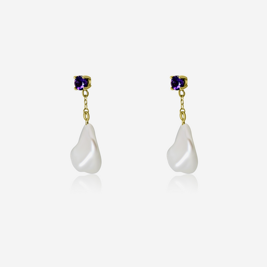 A pair of Amethyst with Pearl Drop Earrings, featuring a polished Amethyst stud attached to a freshwater pearl drop, set in gold.