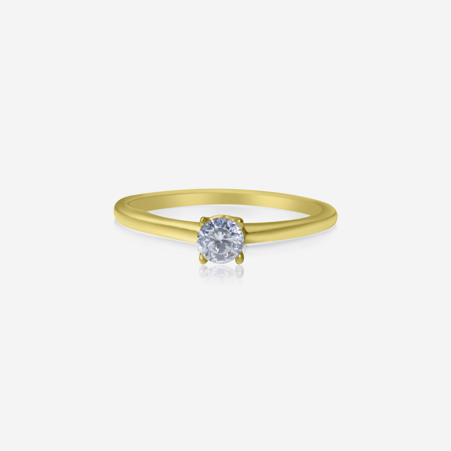 An 18-karat gold Diamond Essence solitaire ring with a 4mm diamond at its center, displayed on a white background.