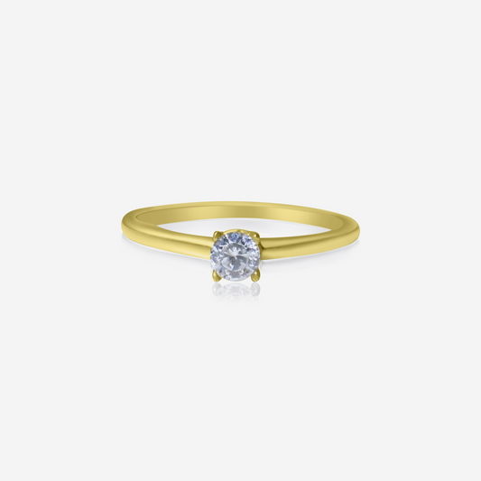 An 18-karat gold Diamond Essence solitaire ring with a 4mm diamond at its center, displayed on a white background.