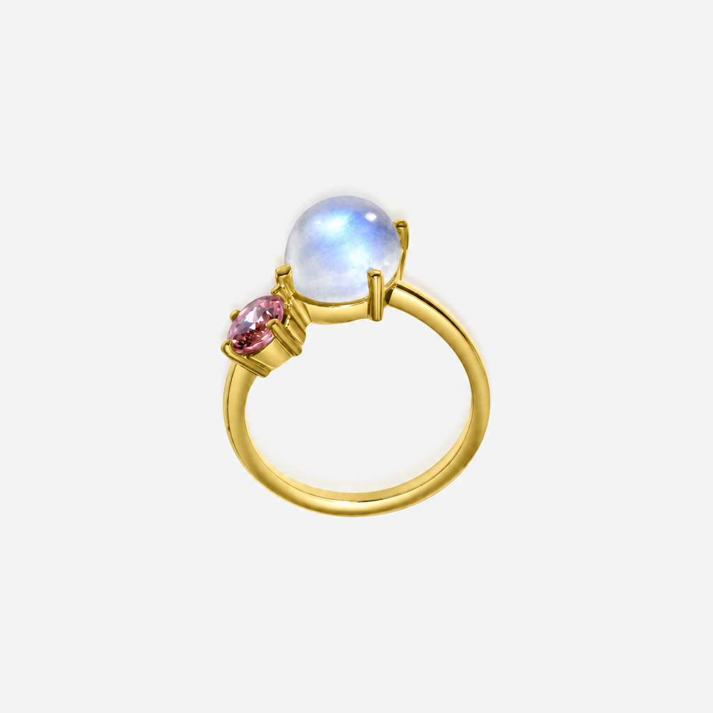 Moonstone and pink tourmaline ring in 14K yellow gold – Made by Petit Jewelry