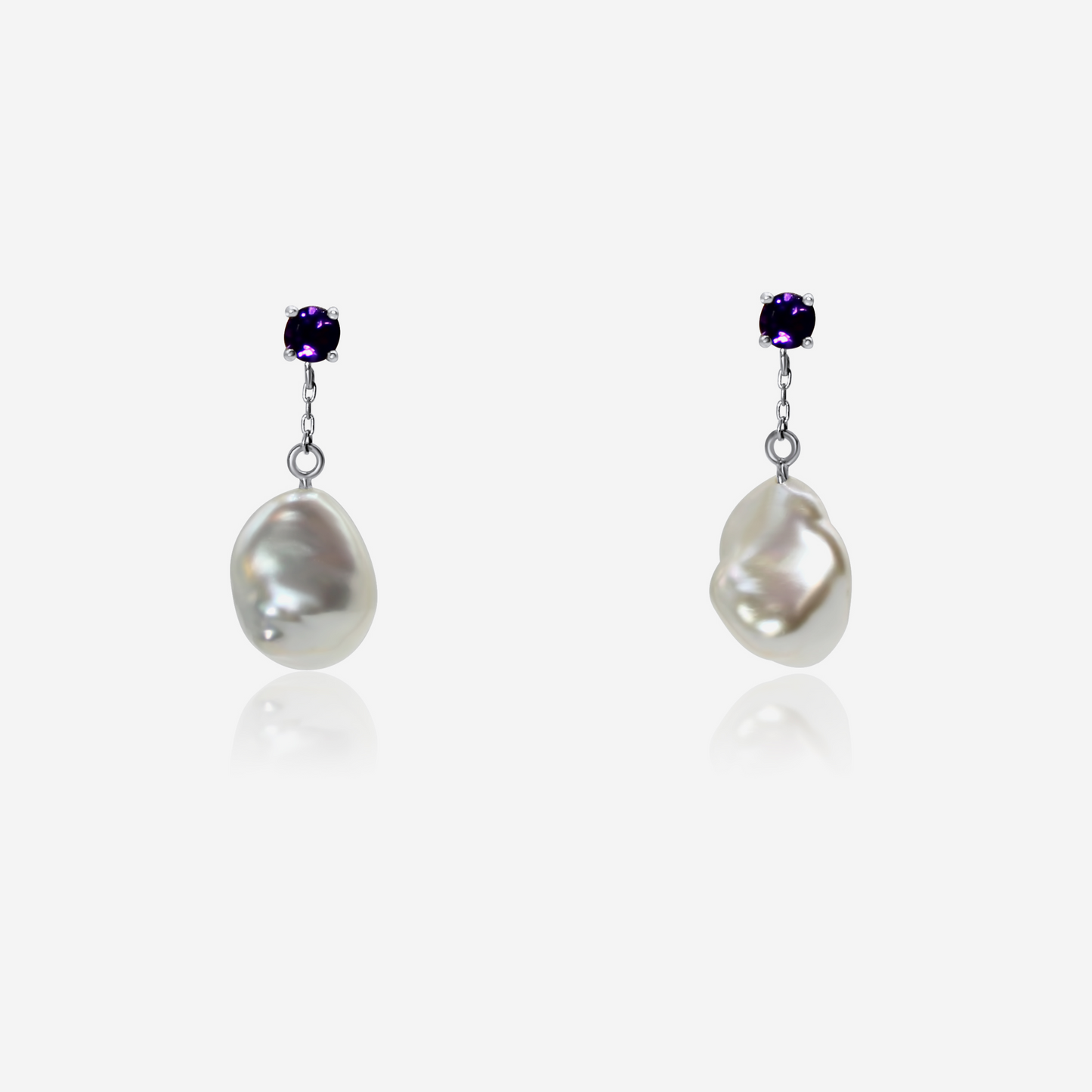 Amethyst and freshwater pearl drop earrings in 14K white gold – Made by Petit Jewelry