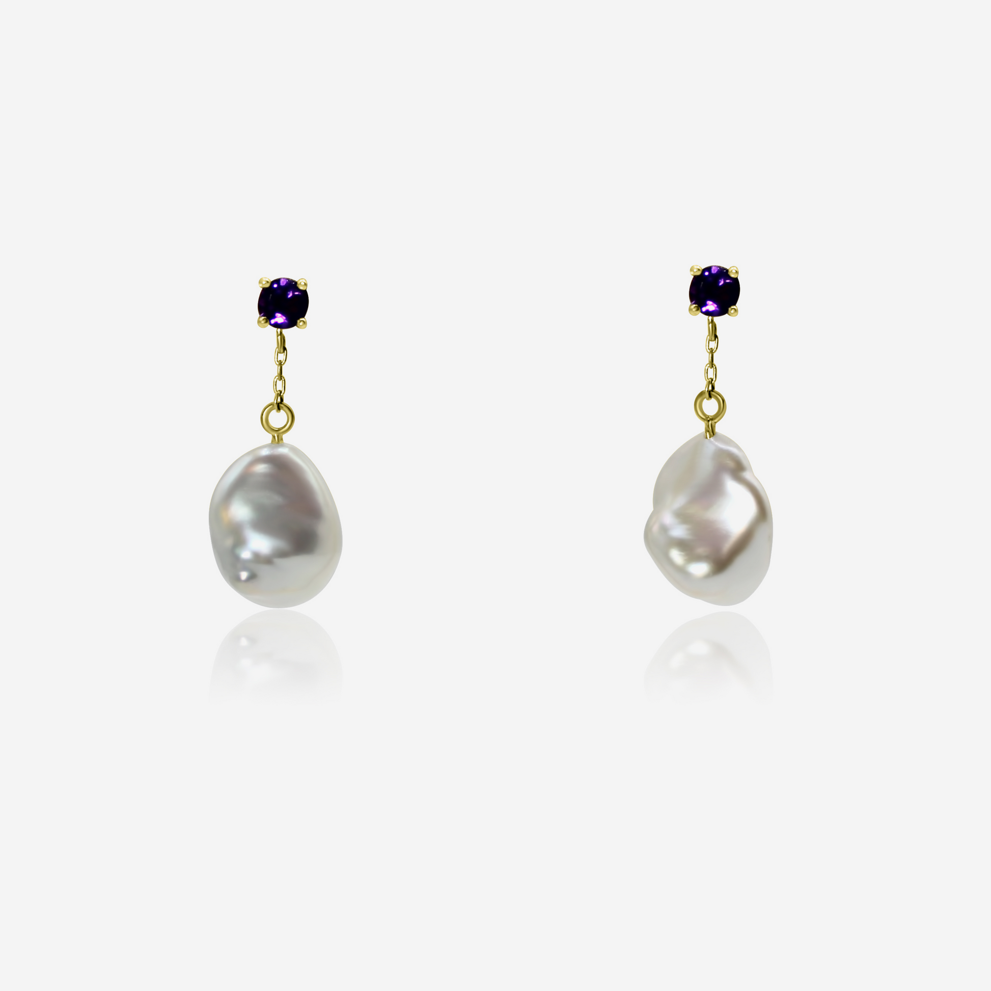 Amethyst and freshwater pearl drop earrings in 14K yellow gold – Made by Petit Jewelry