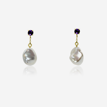 Amethyst and freshwater pearl drop earrings in 14K yellow gold – Made by Petit Jewelry