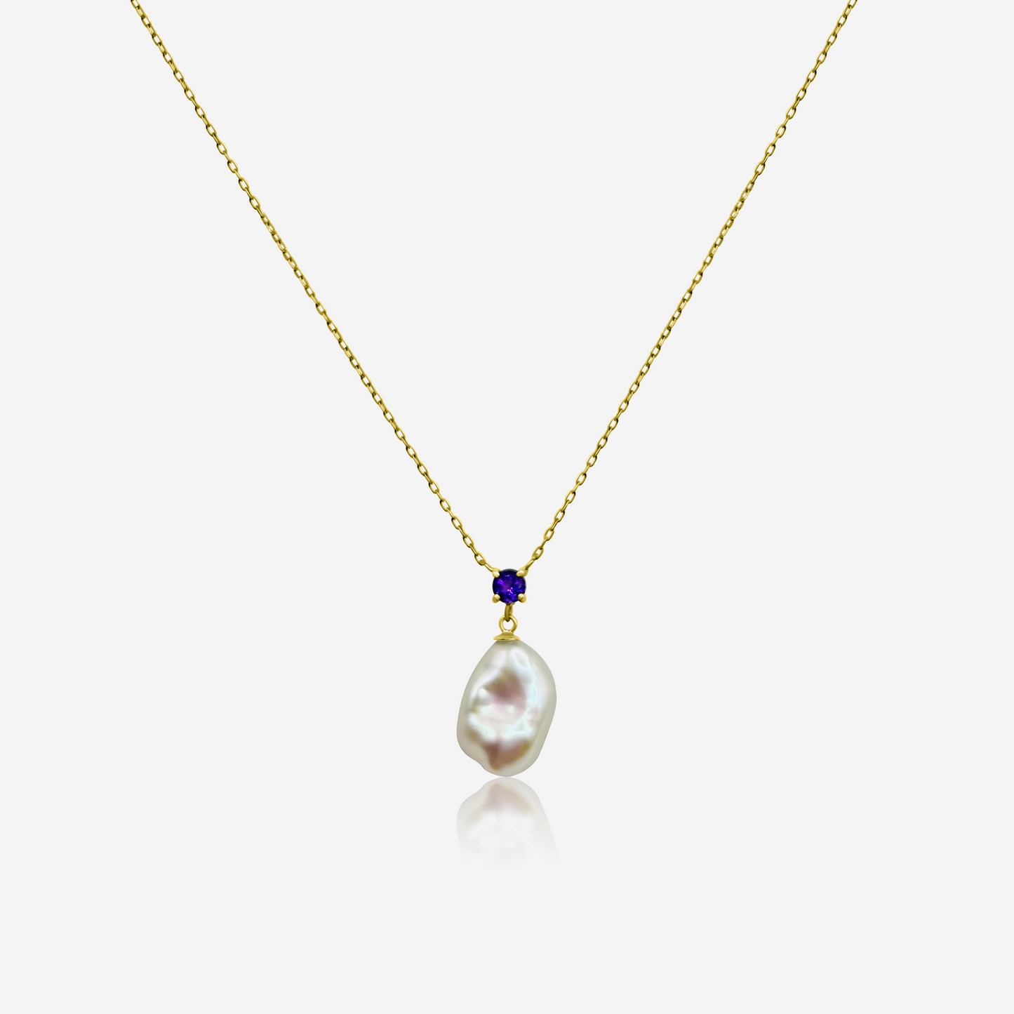 Amethyst and freshwater pearl drop necklace in 14K yellow gold – Made by Petit Jewelry