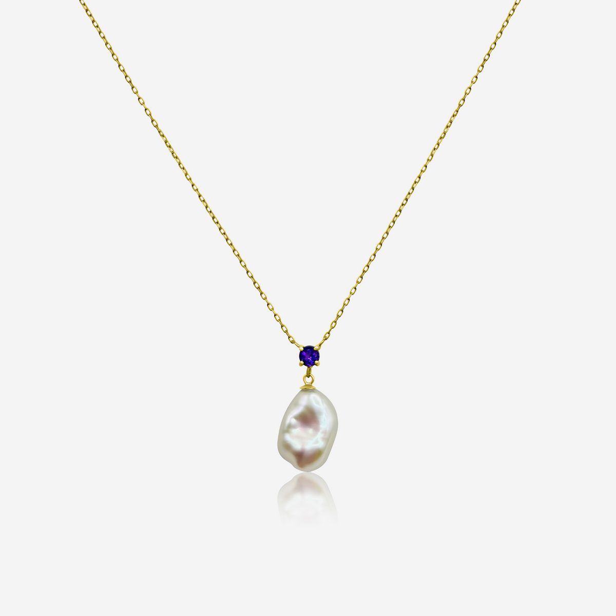 Amethyst and freshwater pearl drop necklace in 14K yellow gold – Made by Petit Jewelry