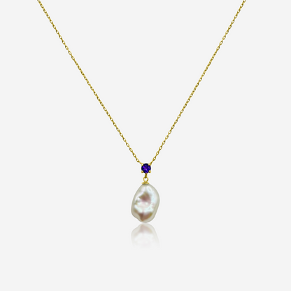 Amethyst and freshwater pearl drop necklace in 14K yellow gold – Made by Petit Jewelry