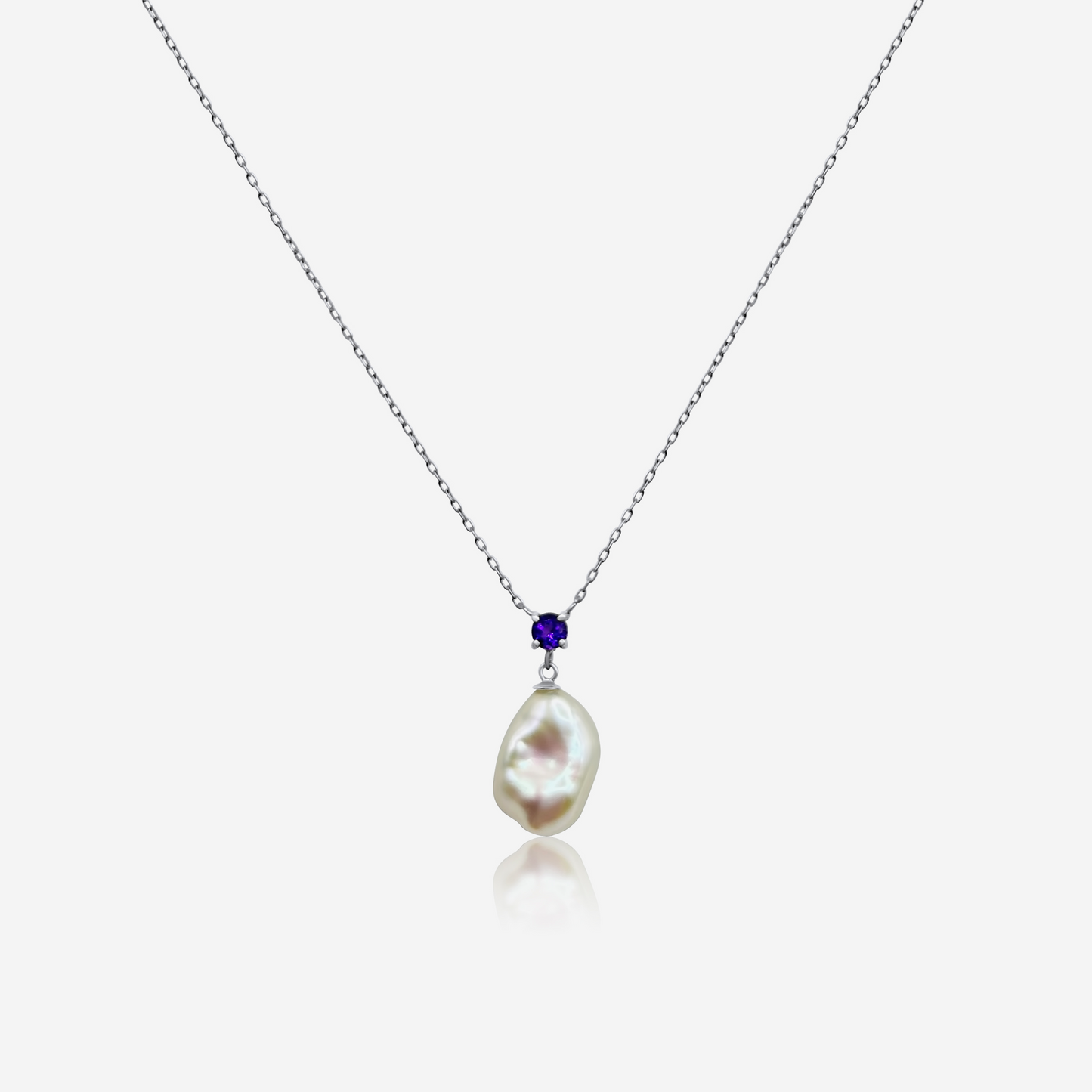 Amethyst and freshwater pearl drop necklace in 14K white gold – Made by Petit Jewelry