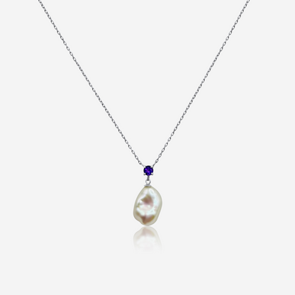 Amethyst and freshwater pearl drop necklace in 14K white gold – Made by Petit Jewelry