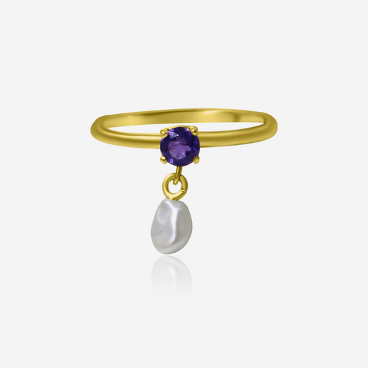 Amethyst and freshwater pearl ring in 14K yellow gold – Made by Petit Jewelry