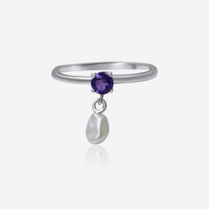 Amethyst and freshwater pearl ring in 14K white gold – Made by Petit Jewelry