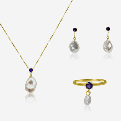 Amethyst and freshwater pearl earrings, ring, and necklace set in 14K yellow gold – Made by Petit Jewelry