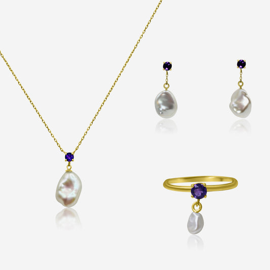 Amethyst and freshwater pearl earrings, ring, and necklace set in 14K yellow gold – Made by Petit Jewelry