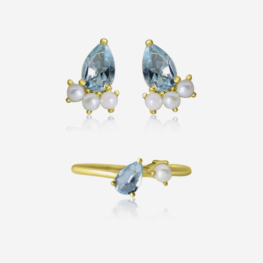 Aquamarine and Akoya pearl earrings and ring set in 14K yellow gold – Made by Petit Jewelry