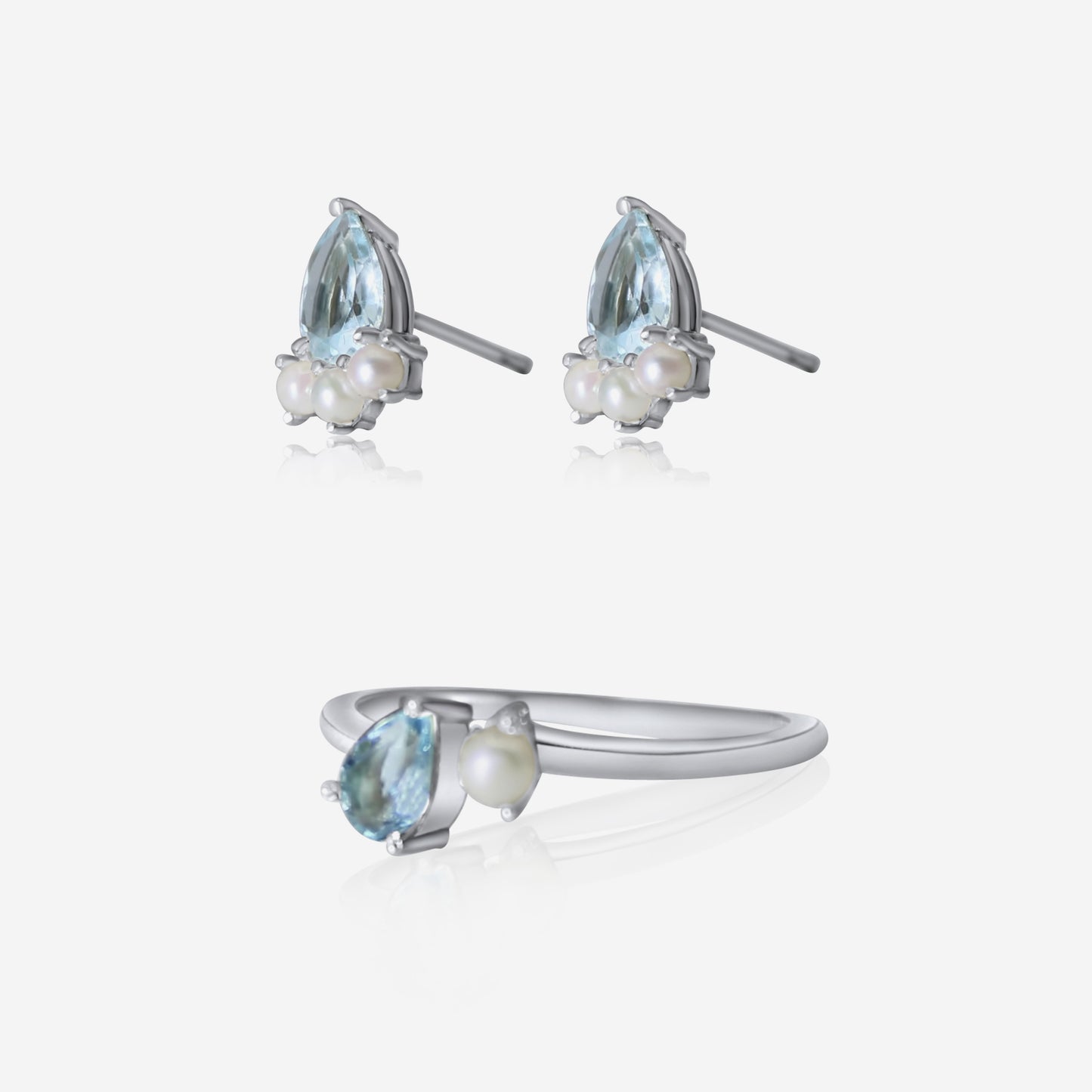 Aquamarine and Akoya pearl earrings and ring set in 14K white gold – Made by Petit Jewelry