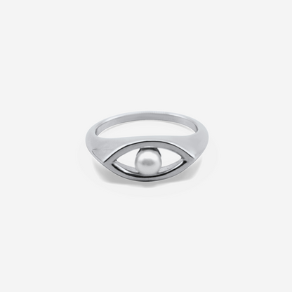 Eye motif ring with Akoya pearl in 18K white gold – Made by Petit Jewelry