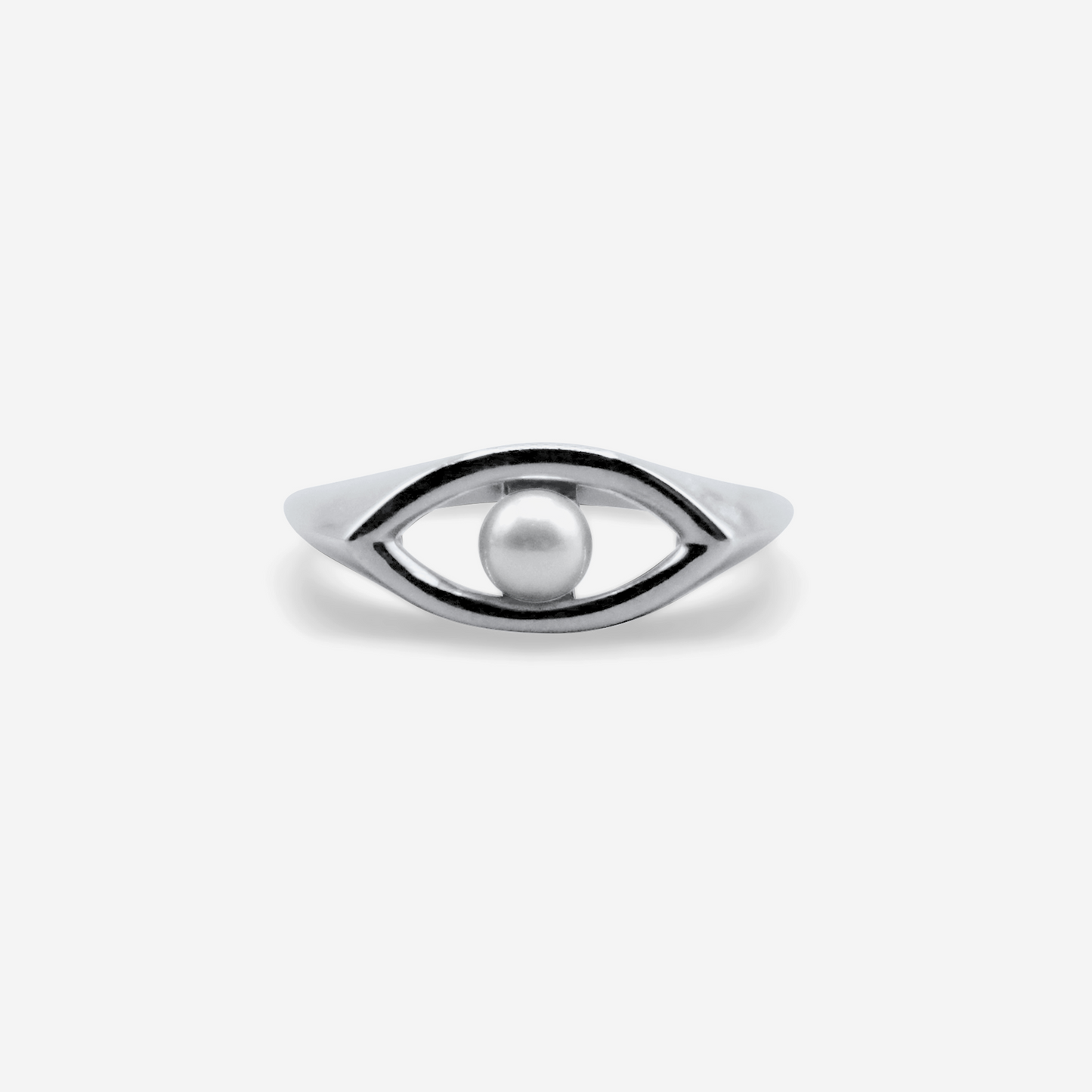 Eye motif ring with Akoya pearl in 18K white gold – Made by Petit Jewelry