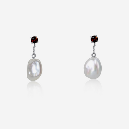 Garnet and freshwater pearl drop earrings in 14K white gold – Made by Petit Jewelry