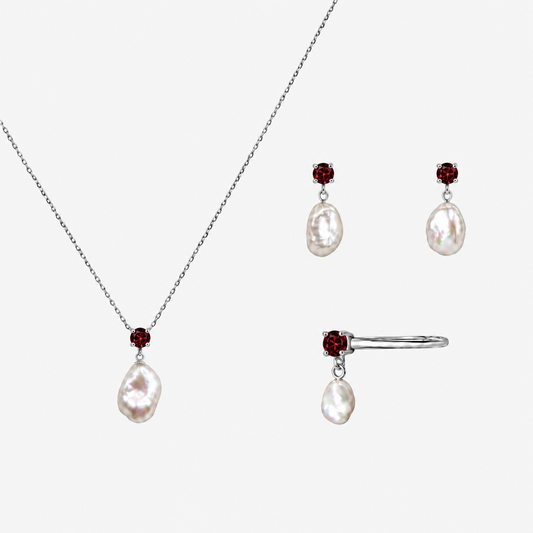 Garnet & Pearl Jewelry Set | Earrings, Ring & Necklace | 14K Gold
