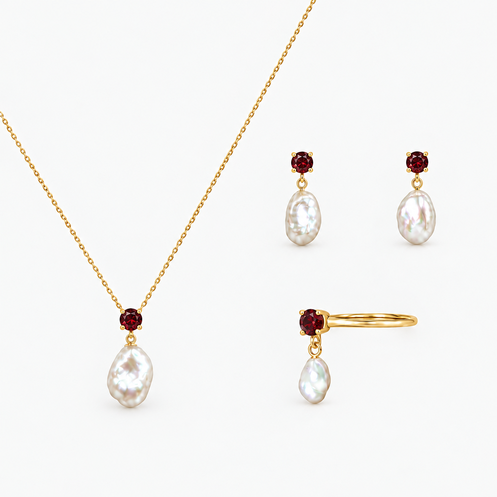 Garnet & Pearl Jewelry Set | Earrings, Ring & Necklace | 14K Gold