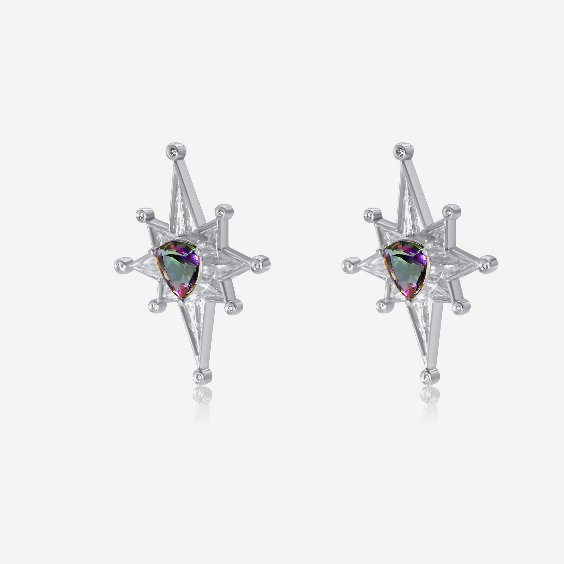 Geometric gold drop earrings with mystic tourmaline in 14K white gold – Made by Petit Jewelry
