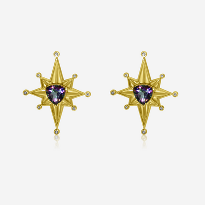 Geometric gold drop earrings with mystic tourmaline in 14K yellow gold – Made by Petit Jewelry