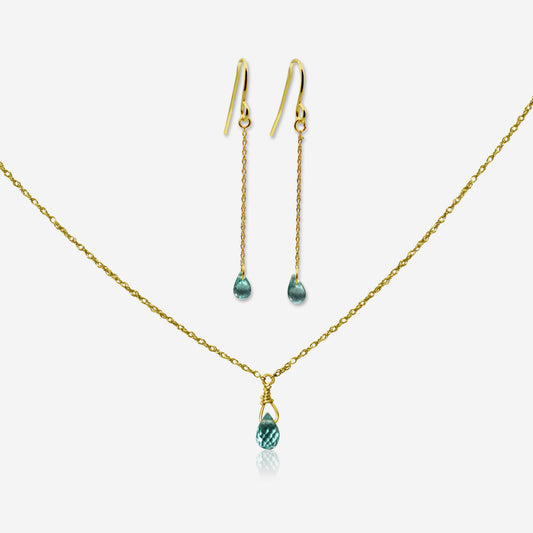 Green apatite drop earrings and necklace set in 14K yellow gold – Made by Petit Jewelry