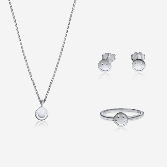 Silver jewelry set with necklace, ring, and earrings on a white background