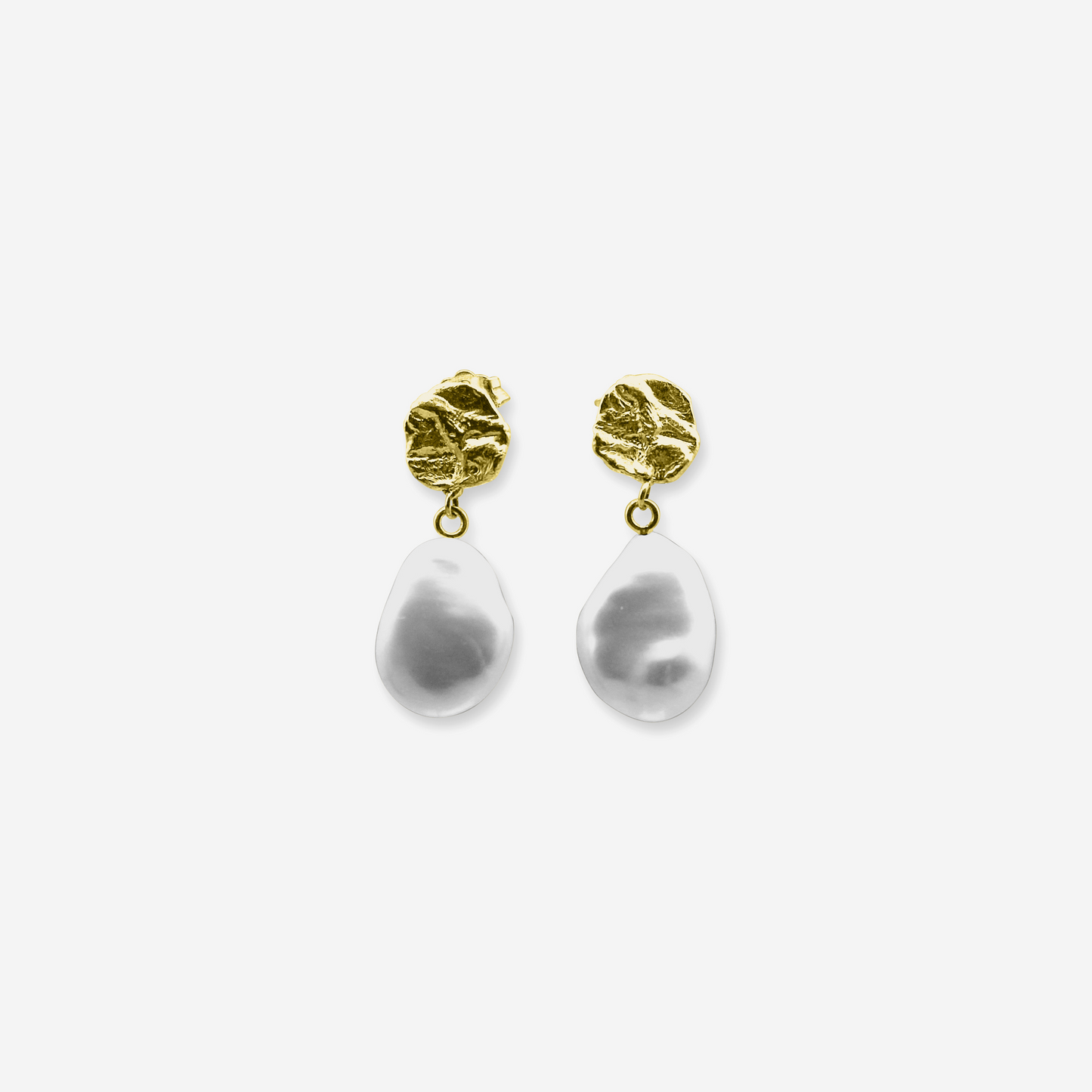A pair of earrings featuring a sculptural design with white pearls and what appears to be a crumpled paper texture at the top