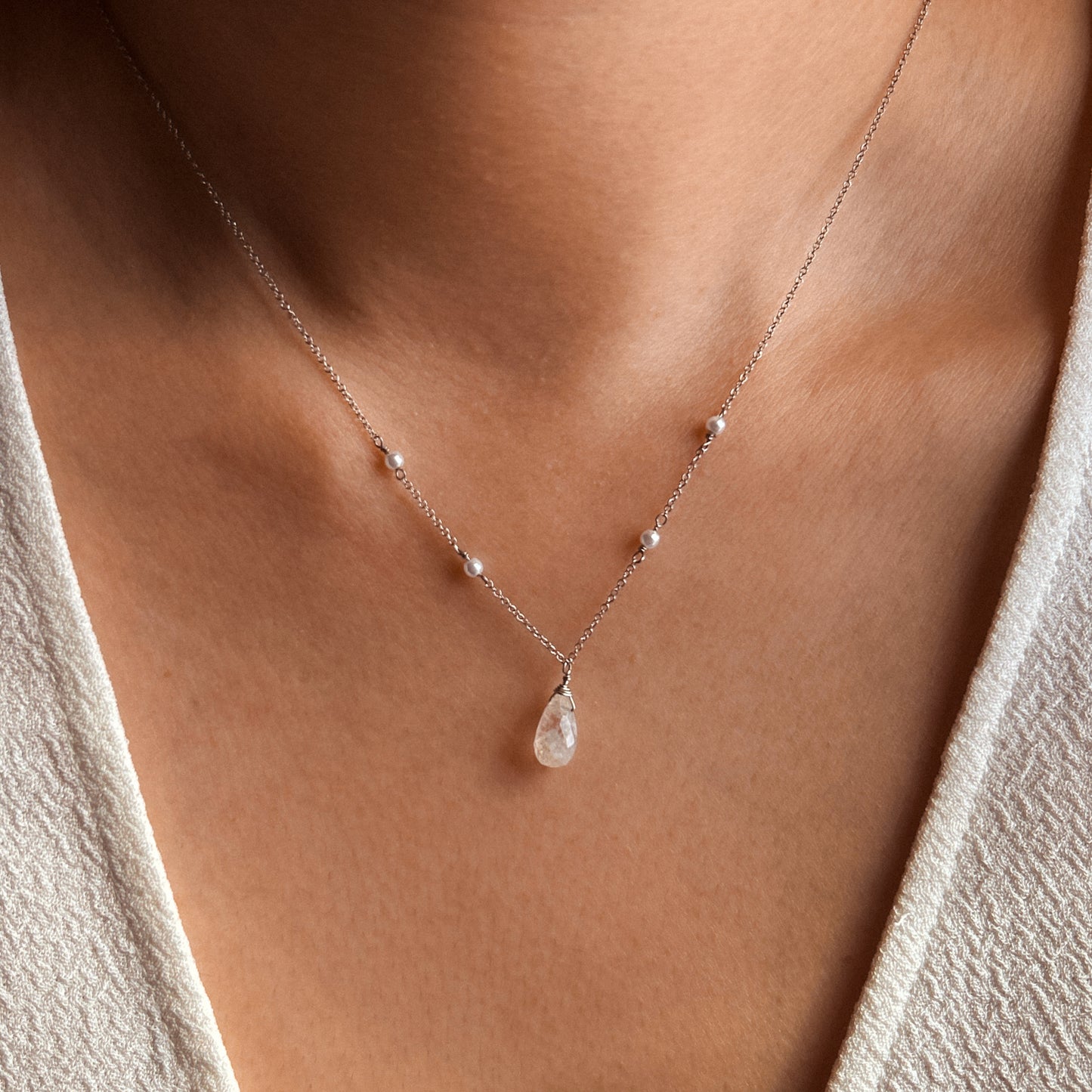 Moonstone and Akoya pearl drop necklace in 14K white gold – Made by Petit Jewelry