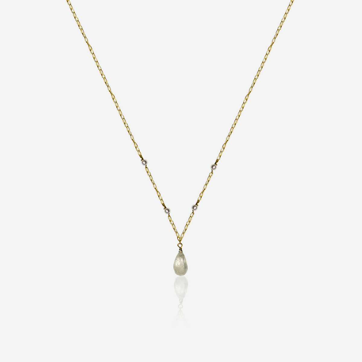 Moonstone and Akoya pearl drop necklace in 14K yellow gold – Made by Petit Jewelry