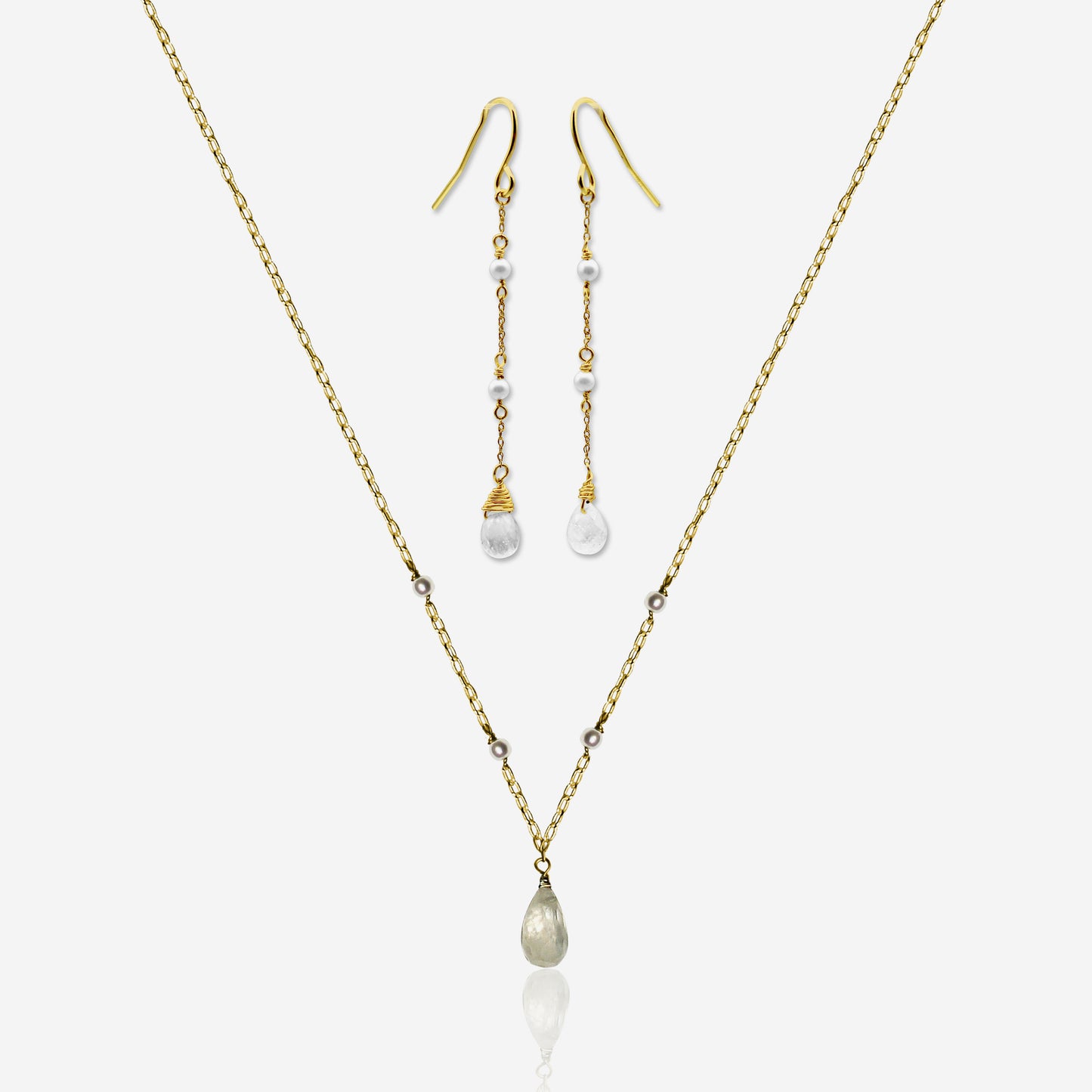 Moonstone and Akoya pearl earrings and necklace set in 14K yellow gold – Made by Petit Jewelry