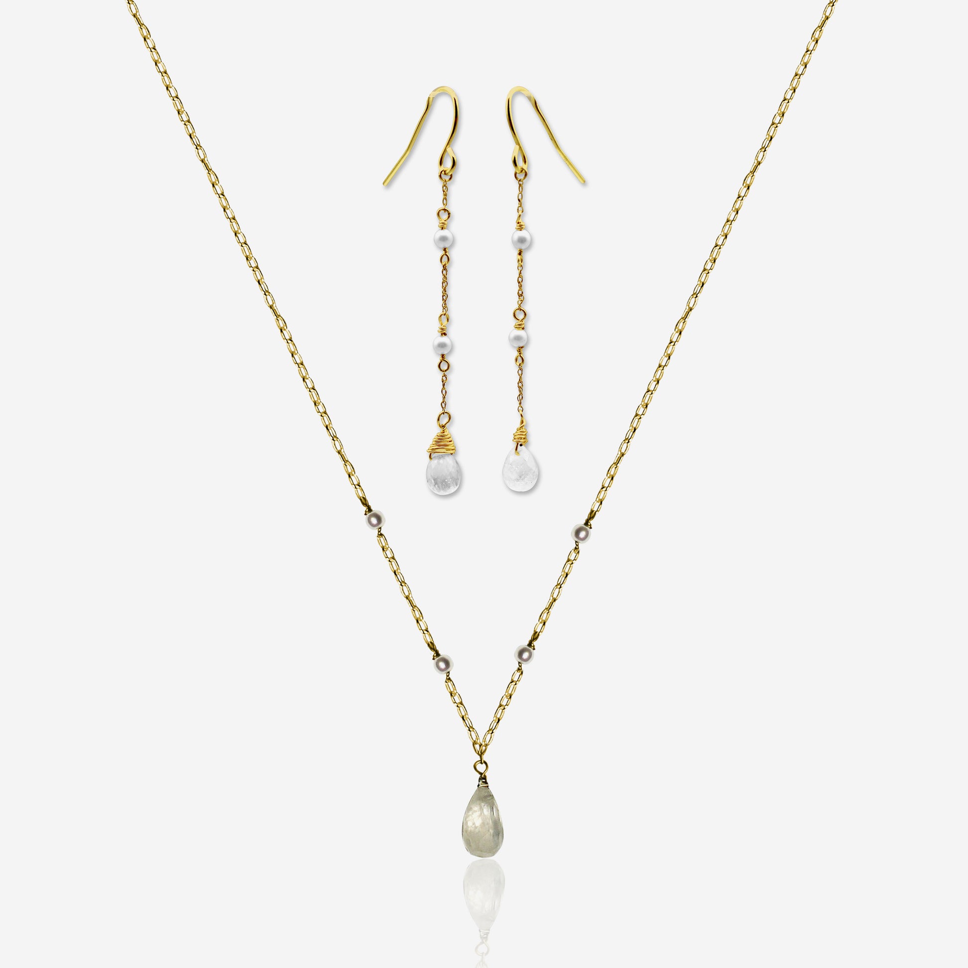 Moonstone and Akoya pearl earrings and necklace set in 14K yellow gold – Made by Petit Jewelry