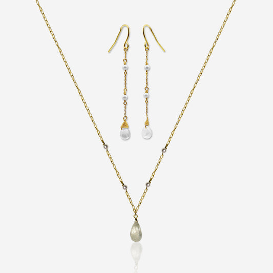 Moonstone and Akoya pearl earrings and necklace set in 14K yellow gold – Made by Petit Jewelry