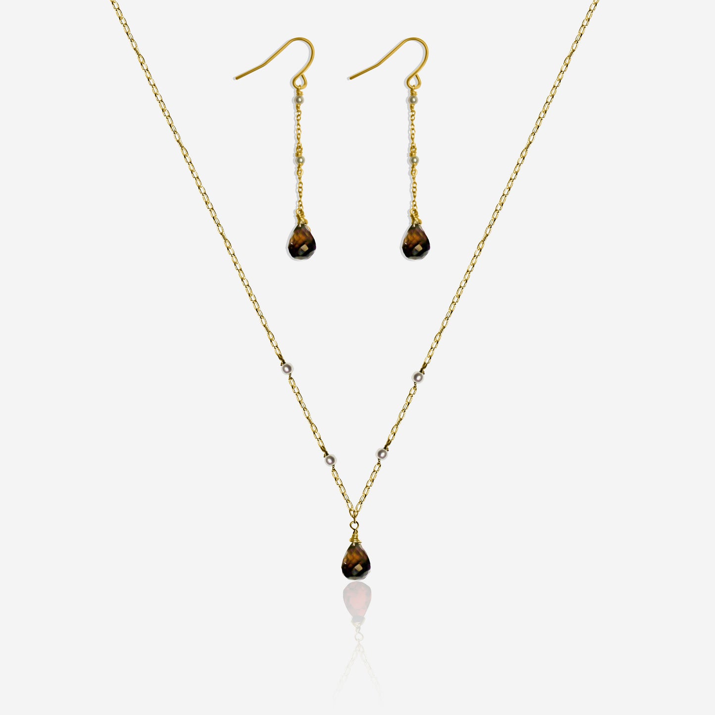 Smoky quartz and Akoya pearl earrings and necklace set in 14K yellow gold – Made by Petit Jewelry