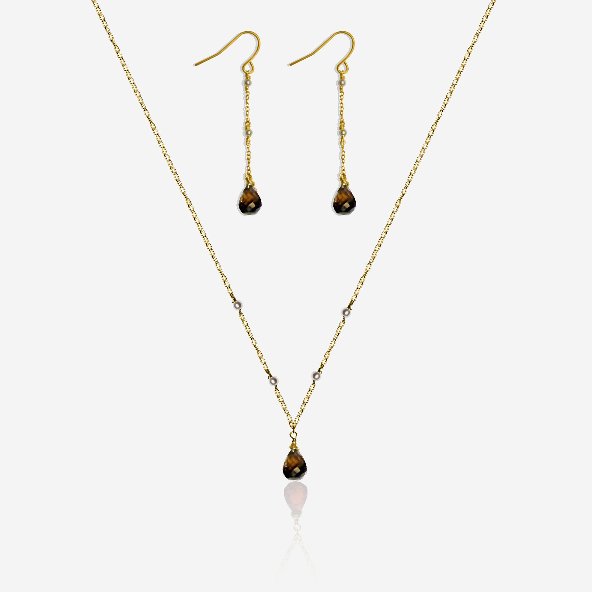 Smoky quartz and Akoya pearl earrings and necklace set in 14K yellow gold – Made by Petit Jewelry