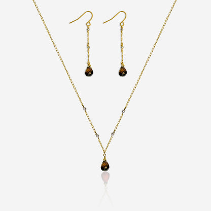Smoky quartz and Akoya pearl earrings and necklace set in 14K yellow gold – Made by Petit Jewelry