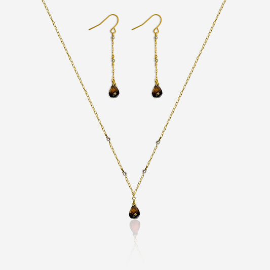 Smoky quartz and Akoya pearl earrings and necklace set in 14K yellow gold – Made by Petit Jewelry