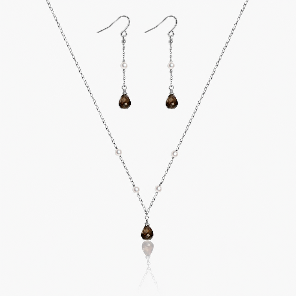 Smoky Quartz & Akoya Pearl Jewelry Set | Earrings & Necklace | 14K Gold