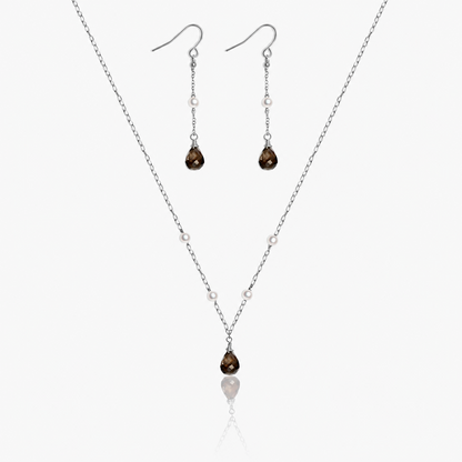 Smoky Quartz & Akoya Pearl Jewelry Set | Earrings & Necklace | 14K Gold